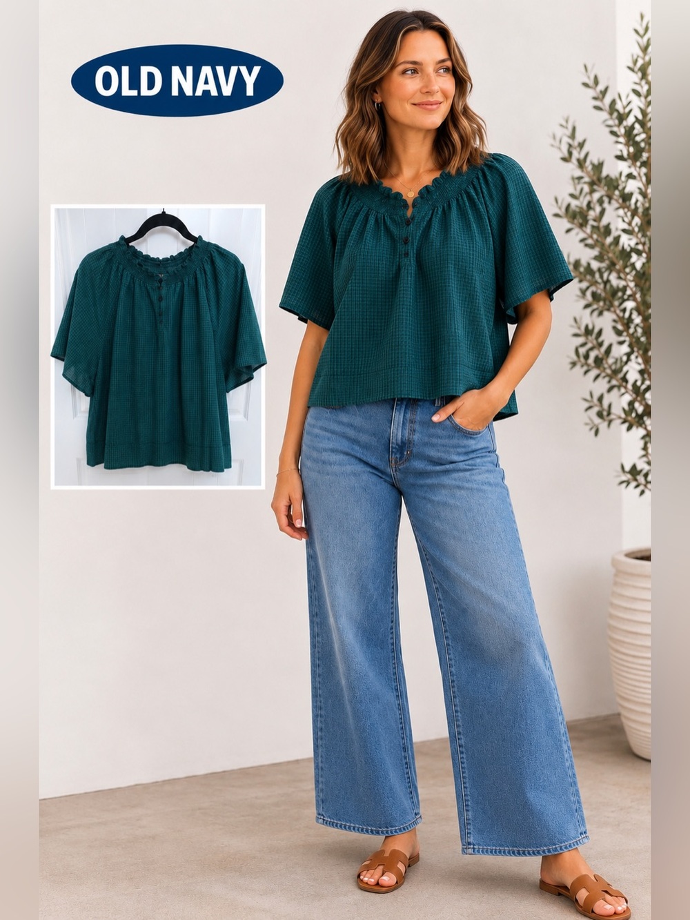 NWT Old Navy Green Plaid Ruffle Neck Blouse L Tall